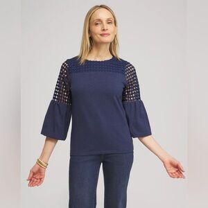 NWOT Chico’s Faux Denim Lace Mix Top